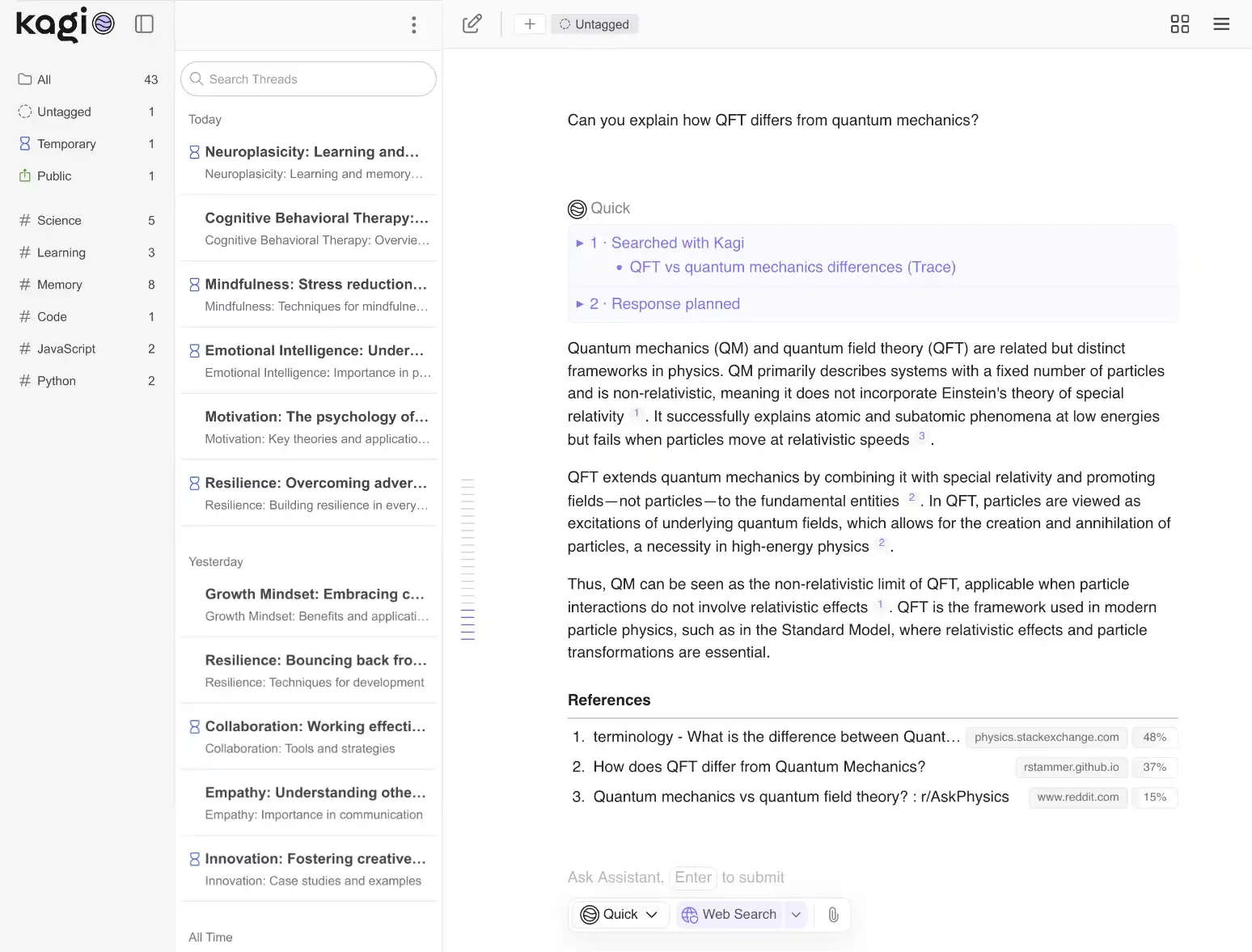 Kagi Assistant answering a question about quantum mechanics