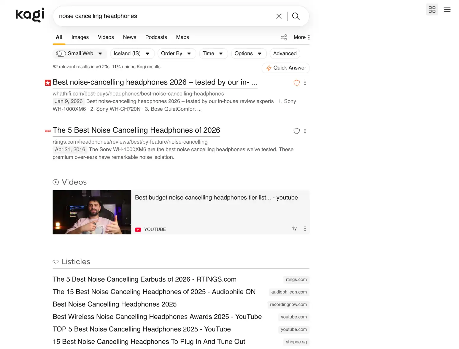 Kagi Search results page